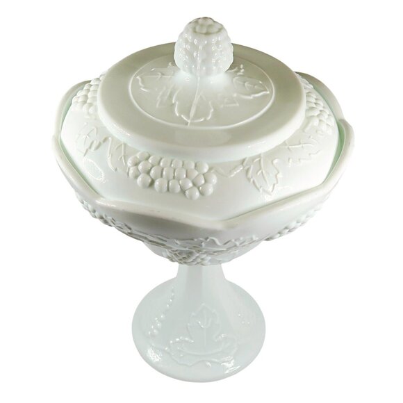 Colony Harvest Milk Glass Compote with Lid - Vintage Mid-Century Wedding Bowl - Picture 2 of 6